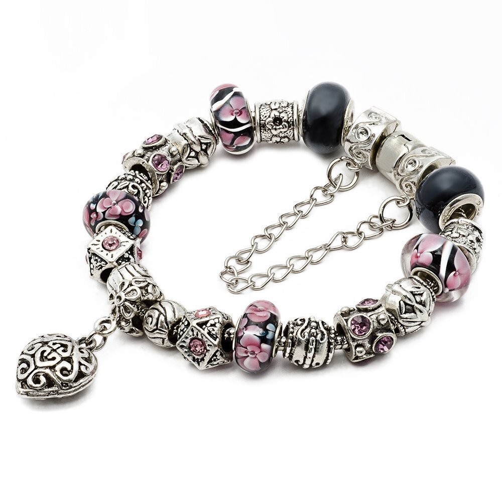 9436 Silver Tone European Charm Bracelet 7.9" Black & Pink Murano Glass